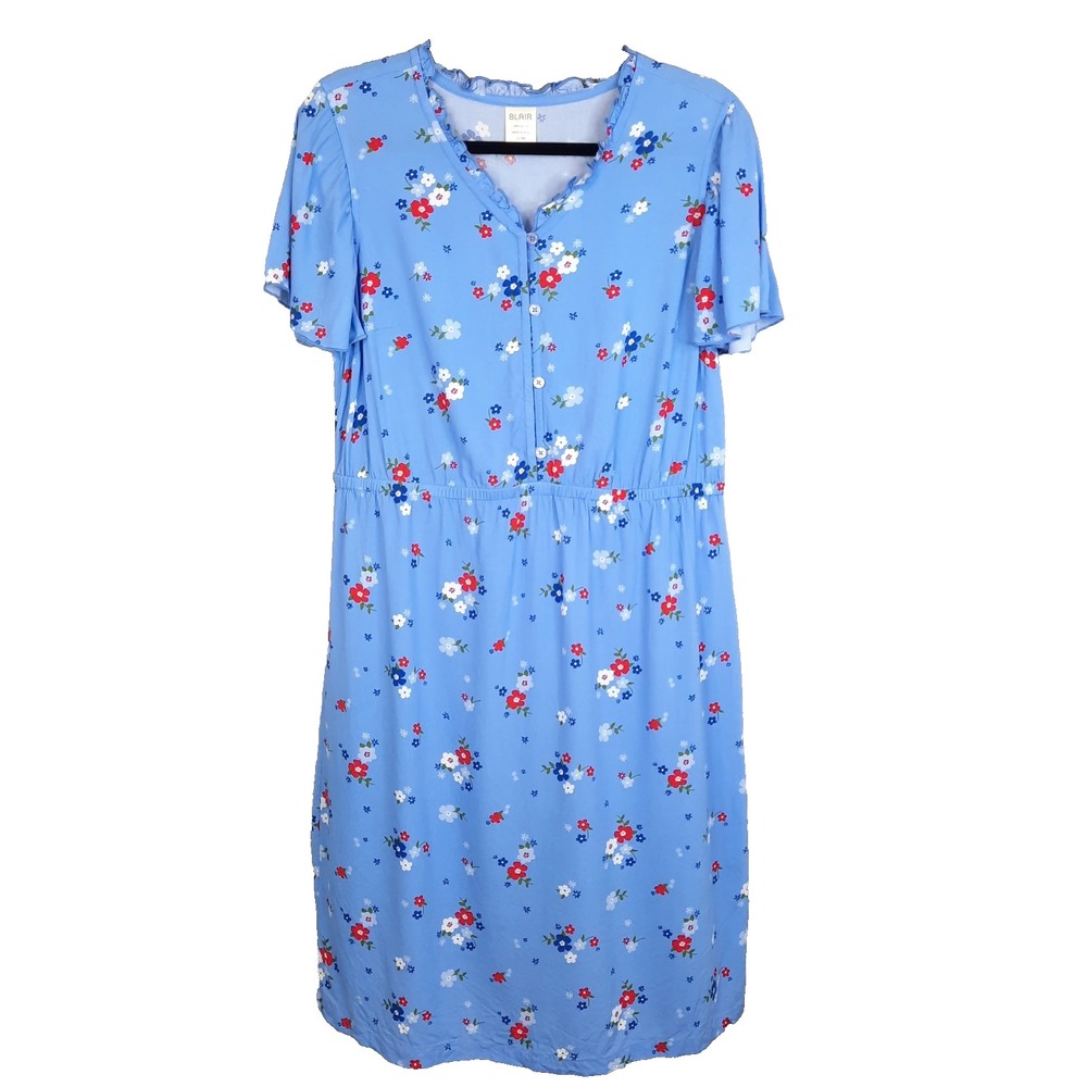 Blair Shirt Dress Womens Medium Blue Red Floral Midi Ruffle Cottagecore Prairie